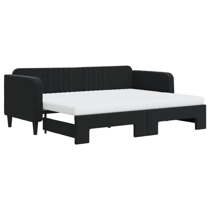 Slaapbank Onderschuifbed En Matrassen Fluweel 80 x 200 cm Zwart met onderschuifbed en matras