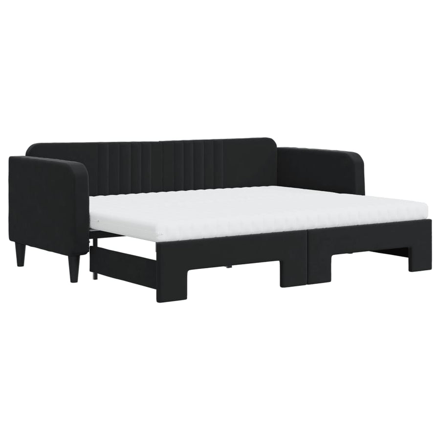 Slaapbank Onderschuifbed En Matrassen Fluweel 80 x 200 cm Zwart met onderschuifbed en matras