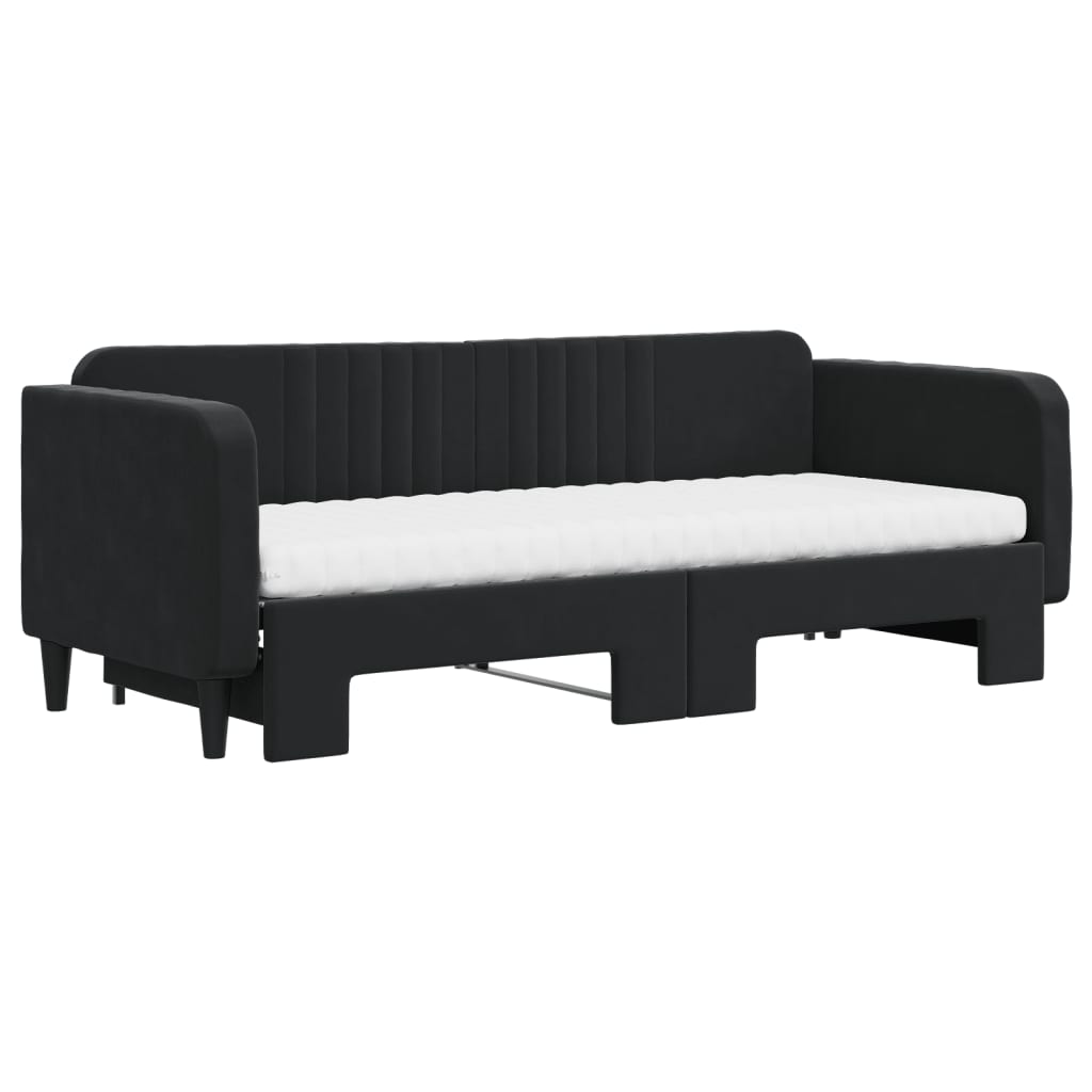 Slaapbank Onderschuifbed En Matrassen Fluweel 80 x 200 cm Zwart met onderschuifbed en matras