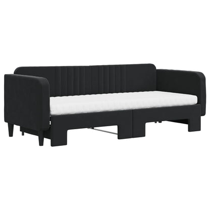 Slaapbank Onderschuifbed En Matrassen Fluweel 80 x 200 cm Zwart met onderschuifbed en matras