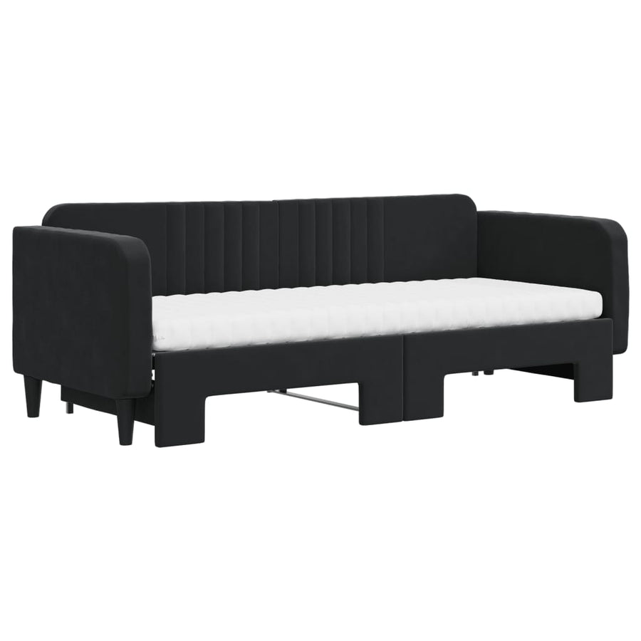 Slaapbank Onderschuifbed En Matrassen Fluweel 80 x 200 cm Zwart met onderschuifbed en matras