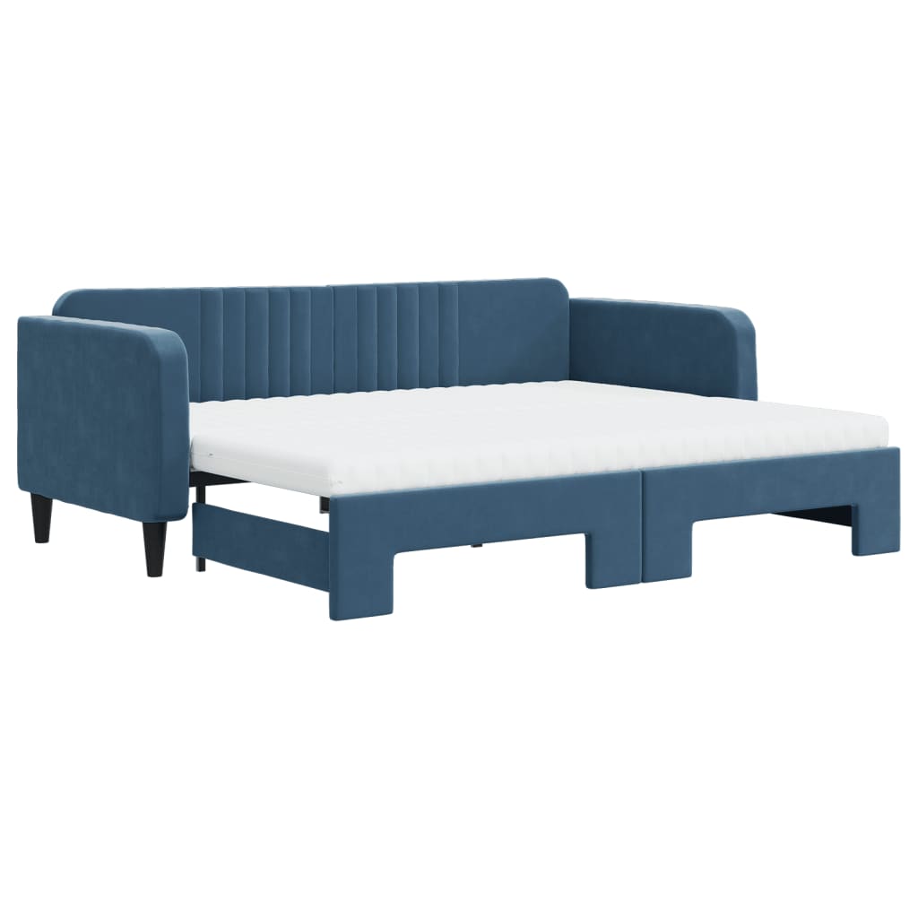 Slaapbank Onderschuifbed En Matrassen 90X200 Cm Fluweel Blauw 90 x 200 cm met onderschuifbed en matras