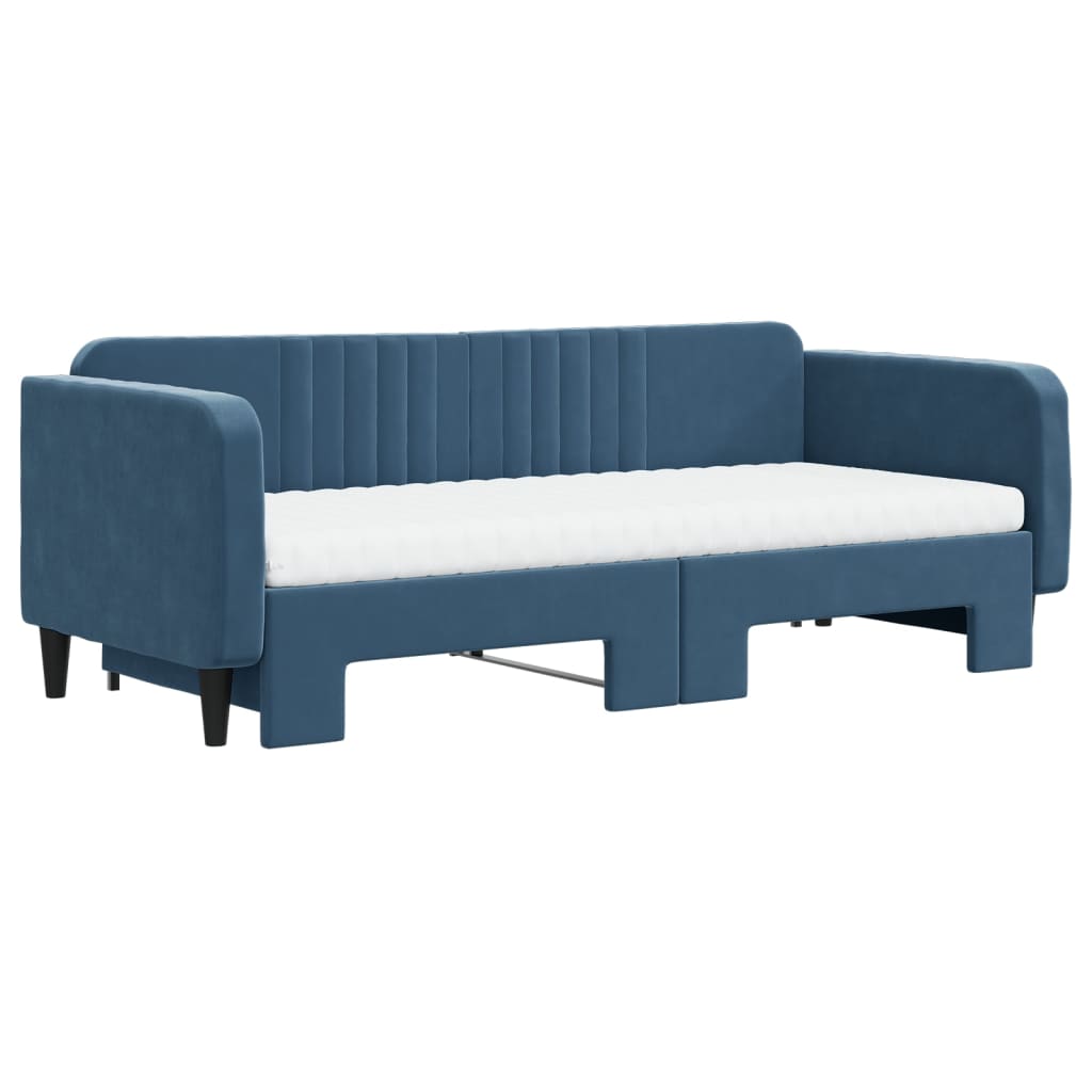 Slaapbank Onderschuifbed En Matrassen 90X200 Cm Fluweel Blauw 90 x 200 cm met onderschuifbed en matras