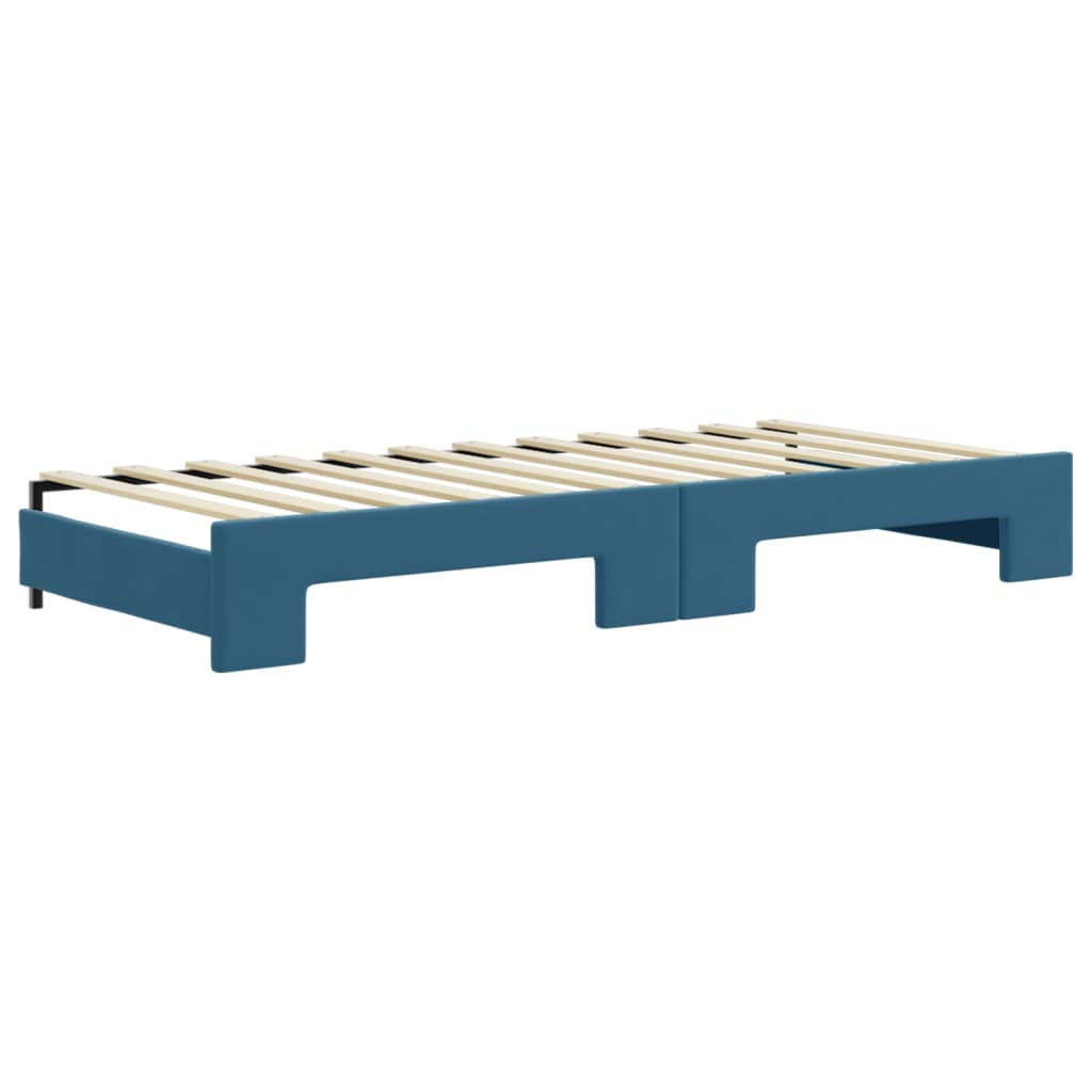 Slaapbank Onderschuifbed En Matrassen 90X200 Cm Fluweel Blauw 90 x 200 cm met onderschuifbed en matras