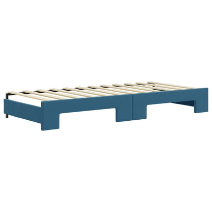 Slaapbank Onderschuifbed En Matrassen 90X200 Cm Fluweel Blauw 90 x 200 cm met onderschuifbed en matras