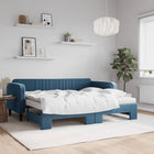 Slaapbank Onderschuifbed En Matrassen 90X200 Cm Fluweel Blauw 90 x 200 cm met onderschuifbed en matras