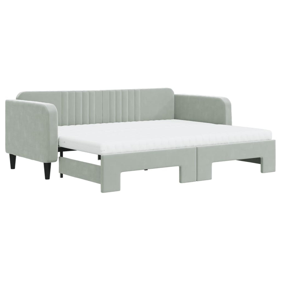 Slaapbank Onderschuifbed Matrassen Fluweel Lichtgrijs 90 x 200 cm met onderschuifbed en matras