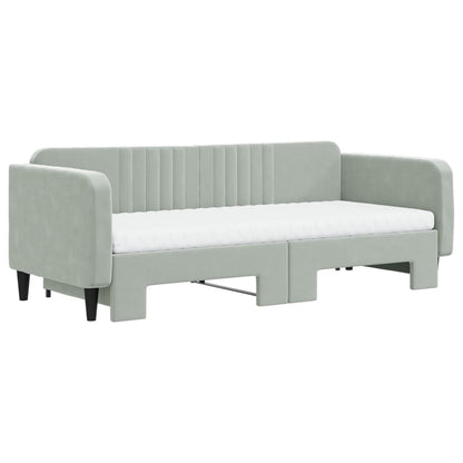 Slaapbank Onderschuifbed Matrassen Fluweel Lichtgrijs 90 x 200 cm met onderschuifbed en matras