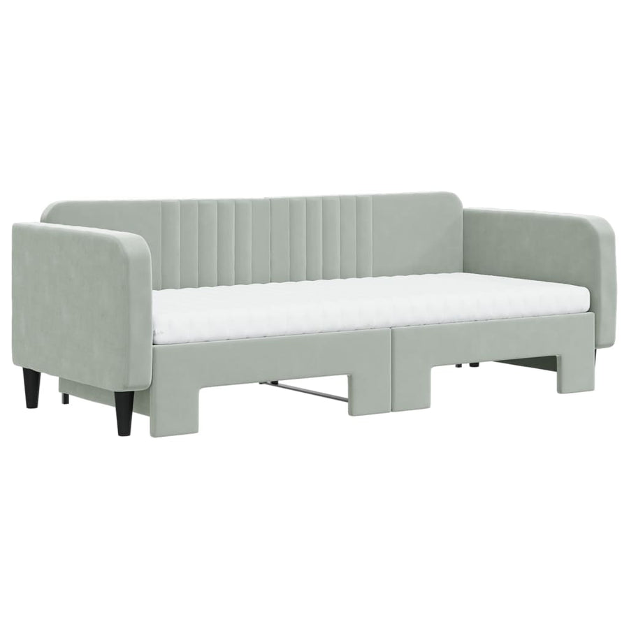 Slaapbank Onderschuifbed Matrassen Fluweel Lichtgrijs 90 x 200 cm met onderschuifbed en matras