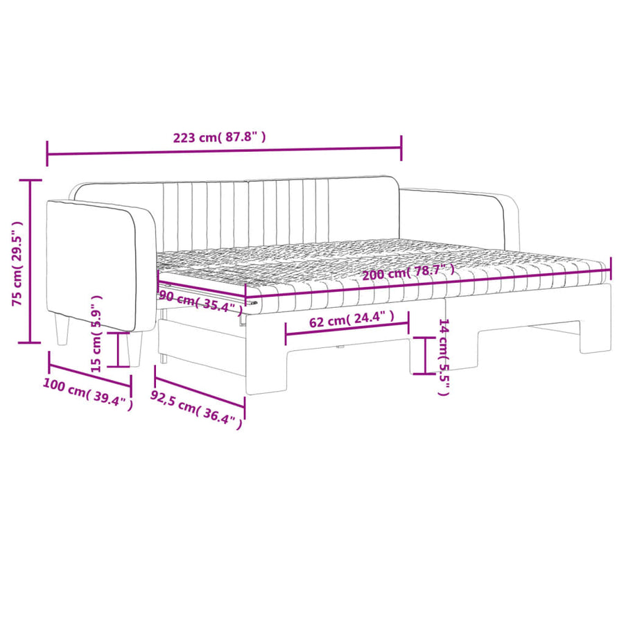 Slaapbank onderschuifbed matrassen 90x200cm fluweel donkergrijs