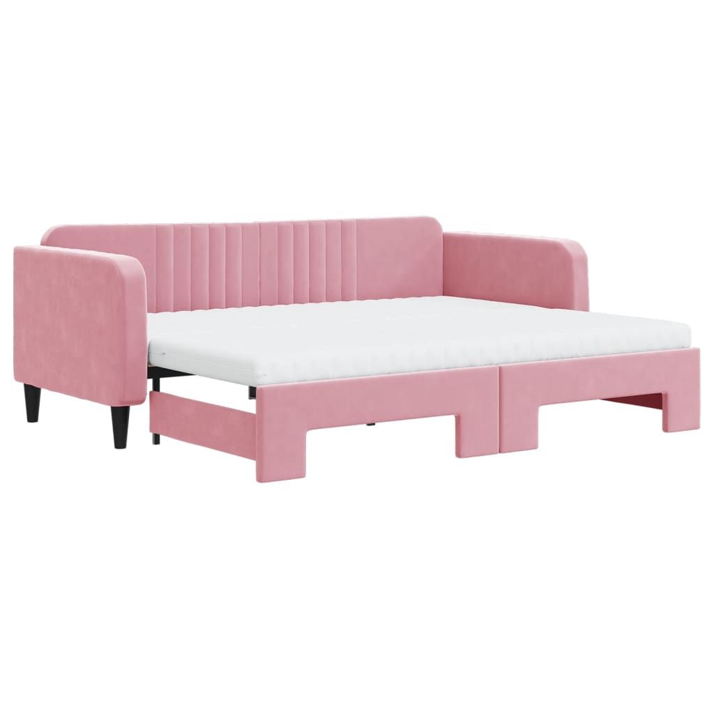 Slaapbank onderschuifbed en matrassen 90x200 cm fluweel roze