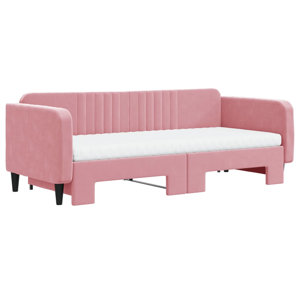 Slaapbank onderschuifbed en matrassen 90x200 cm fluweel roze
