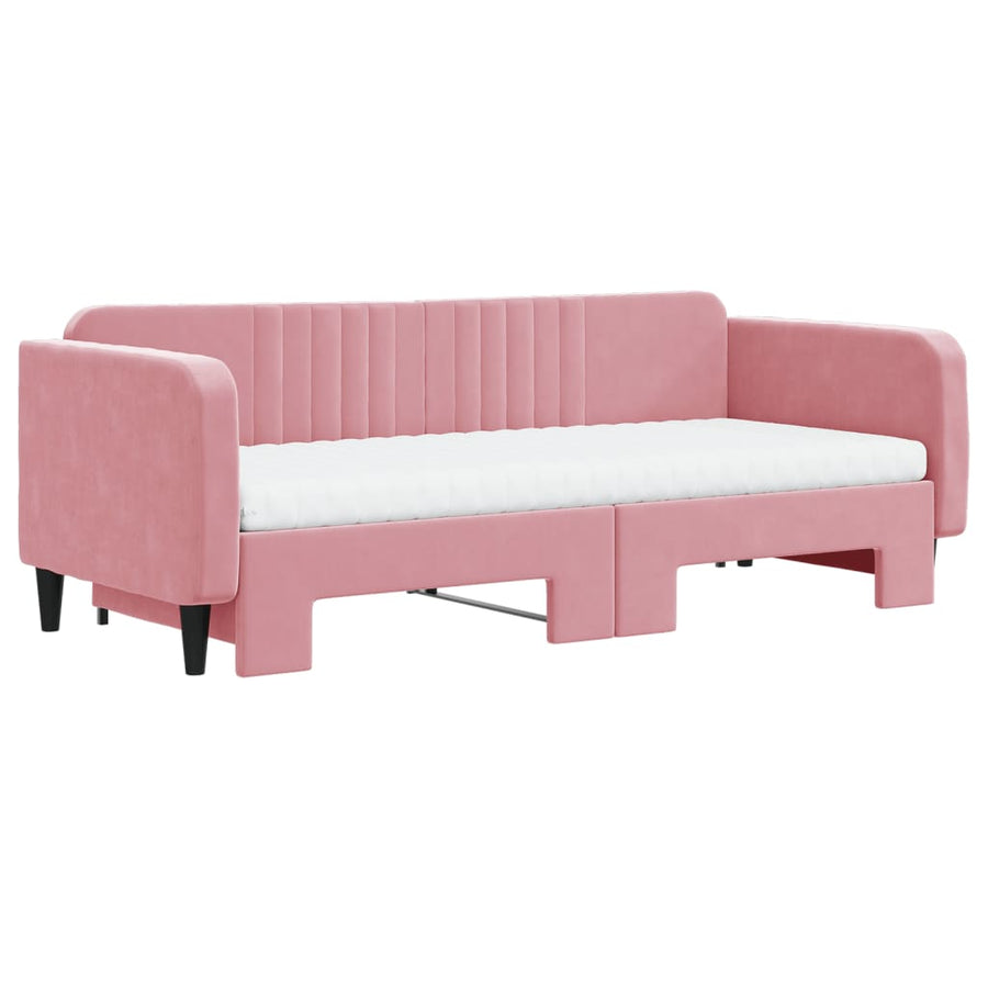 Slaapbank onderschuifbed en matrassen 90x200 cm fluweel roze