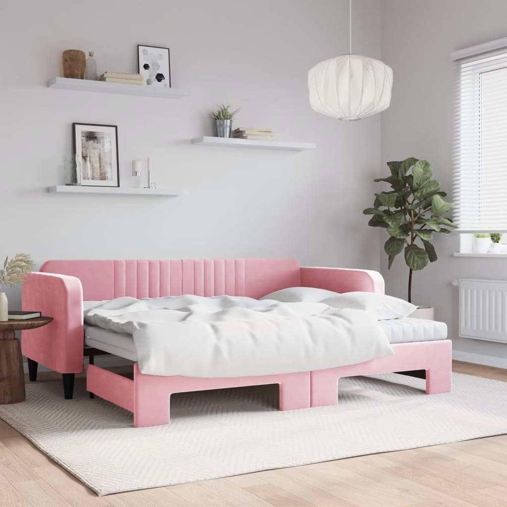 Slaapbank onderschuifbed en matrassen 90x200 cm fluweel roze