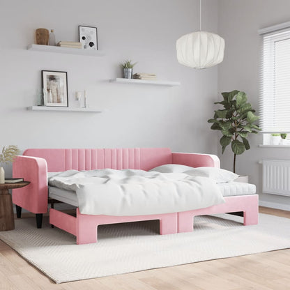 Slaapbank onderschuifbed en matrassen 90x200 cm fluweel roze