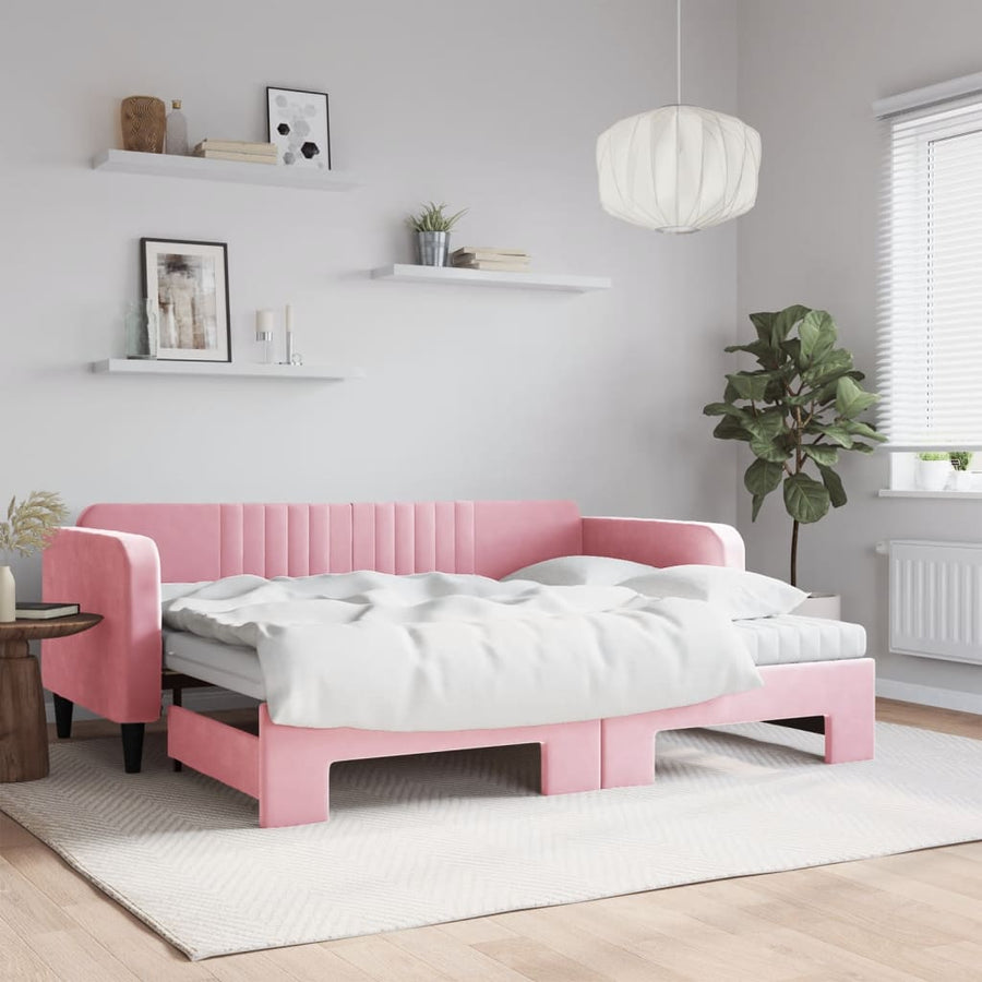 Slaapbank onderschuifbed en matrassen 90x200 cm fluweel roze