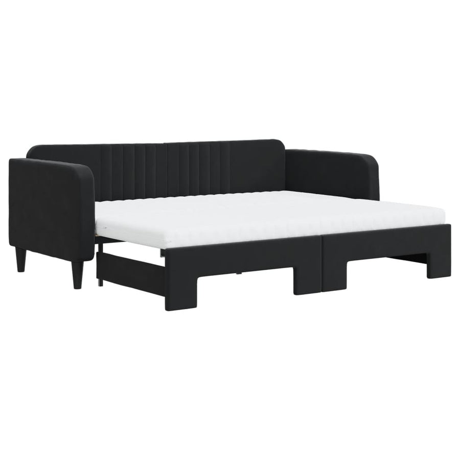 Slaapbank Onderschuifbed En Matrassen Fluweel 90 x 200 cm Zwart met onderschuifbed en matras