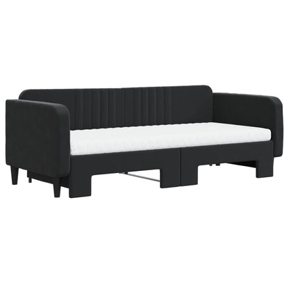 Slaapbank Onderschuifbed En Matrassen Fluweel 90 x 200 cm Zwart met onderschuifbed en matras