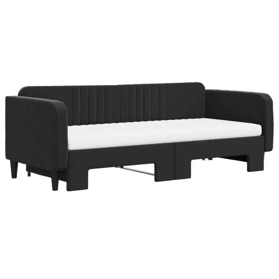 Slaapbank Onderschuifbed En Matrassen Fluweel 90 x 200 cm Zwart met onderschuifbed en matras