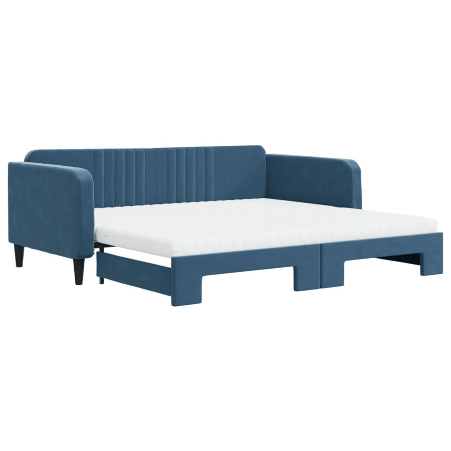 Slaapbank Onderschuifbed En Matrassen Fluweel 100 x 200 cm Blauw met onderschuifbed en matras