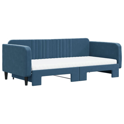 Slaapbank Onderschuifbed En Matrassen Fluweel 100 x 200 cm Blauw met onderschuifbed en matras