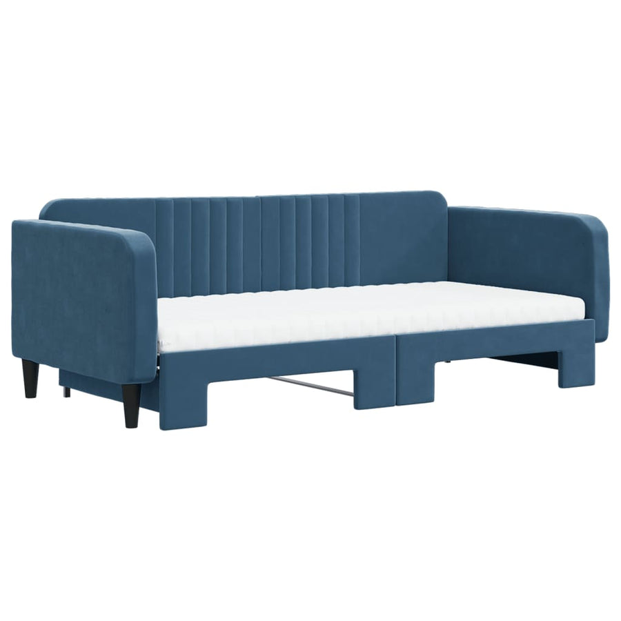 Slaapbank Onderschuifbed En Matrassen Fluweel 100 x 200 cm Blauw met onderschuifbed en matras