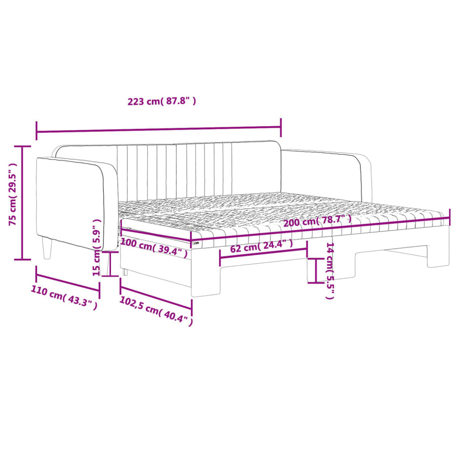 Slaapbank Onderschuifbed En Matrassen Fluweel 100 x 200 cm Blauw met onderschuifbed en matras