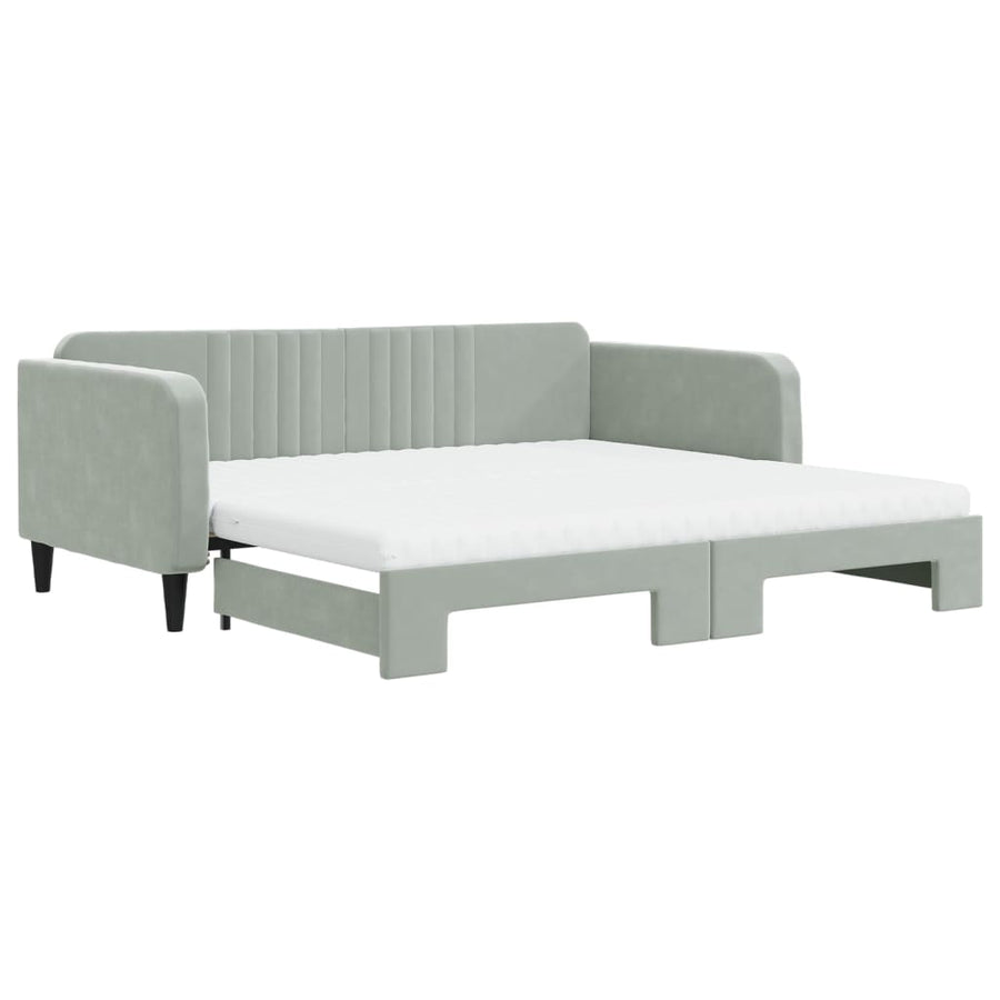Slaapbank Onderschuifbed Matrassen 100X200Cm Fluweel 100 x 200 cm Lichtgrijs met onderschuifbed en matras