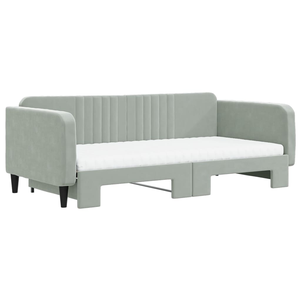 Slaapbank Onderschuifbed Matrassen 100X200Cm Fluweel 100 x 200 cm Lichtgrijs met onderschuifbed en matras