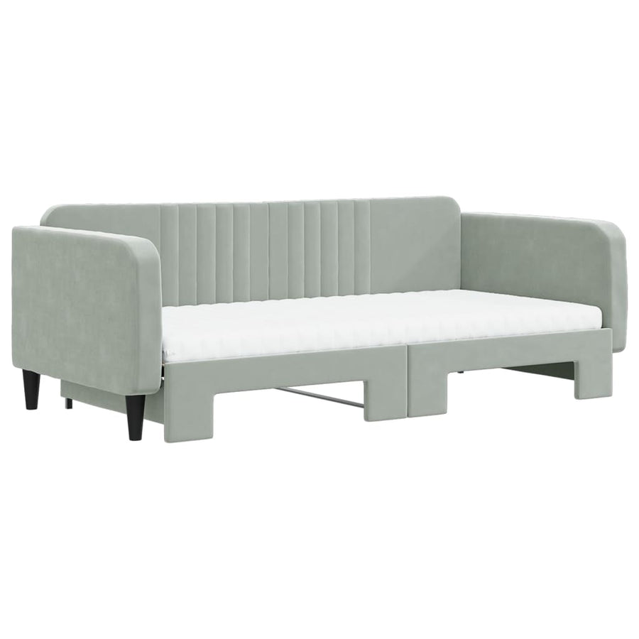 Slaapbank Onderschuifbed Matrassen 100X200Cm Fluweel 100 x 200 cm Lichtgrijs met onderschuifbed en matras