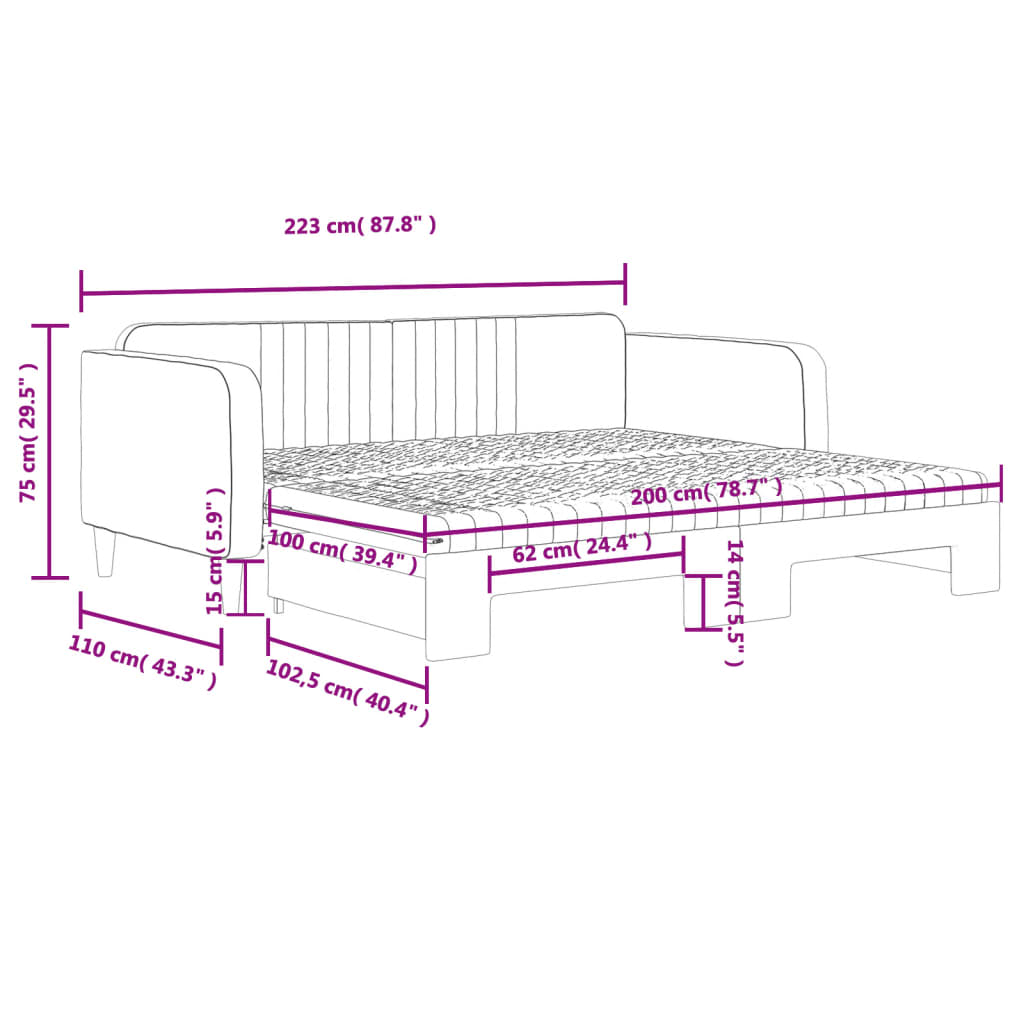 Slaapbank Onderschuifbed Matrassen 100X200Cm Fluweel 100 x 200 cm Lichtgrijs met onderschuifbed en matras