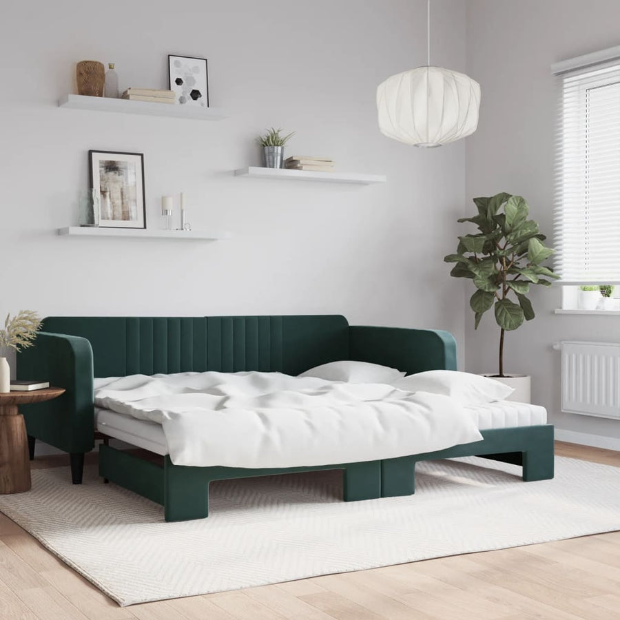 Slaapbank Onderschuifbed Matrassen 100X200Cm Fluweel Donkergroen 100 x 200 cm met onderschuifbed en matras