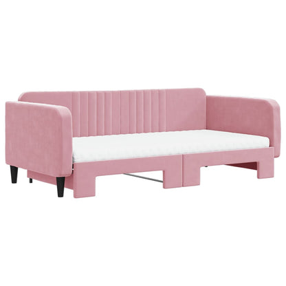 Slaapbank onderschuifbed en matrassen 100x200 cm fluweel roze