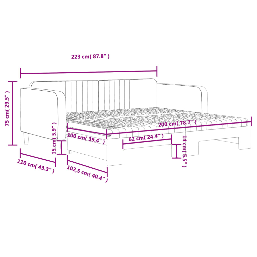 Slaapbank onderschuifbed en matrassen 100x200 cm fluweel roze