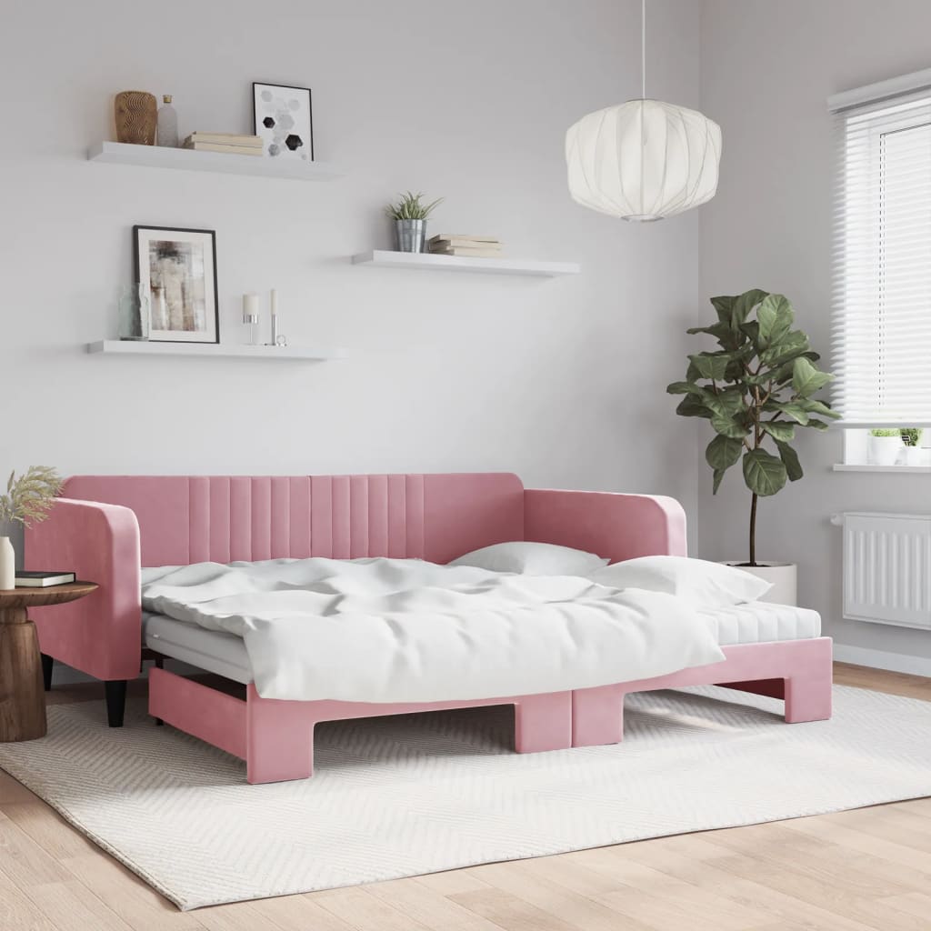 Slaapbank onderschuifbed en matrassen 100x200 cm fluweel roze