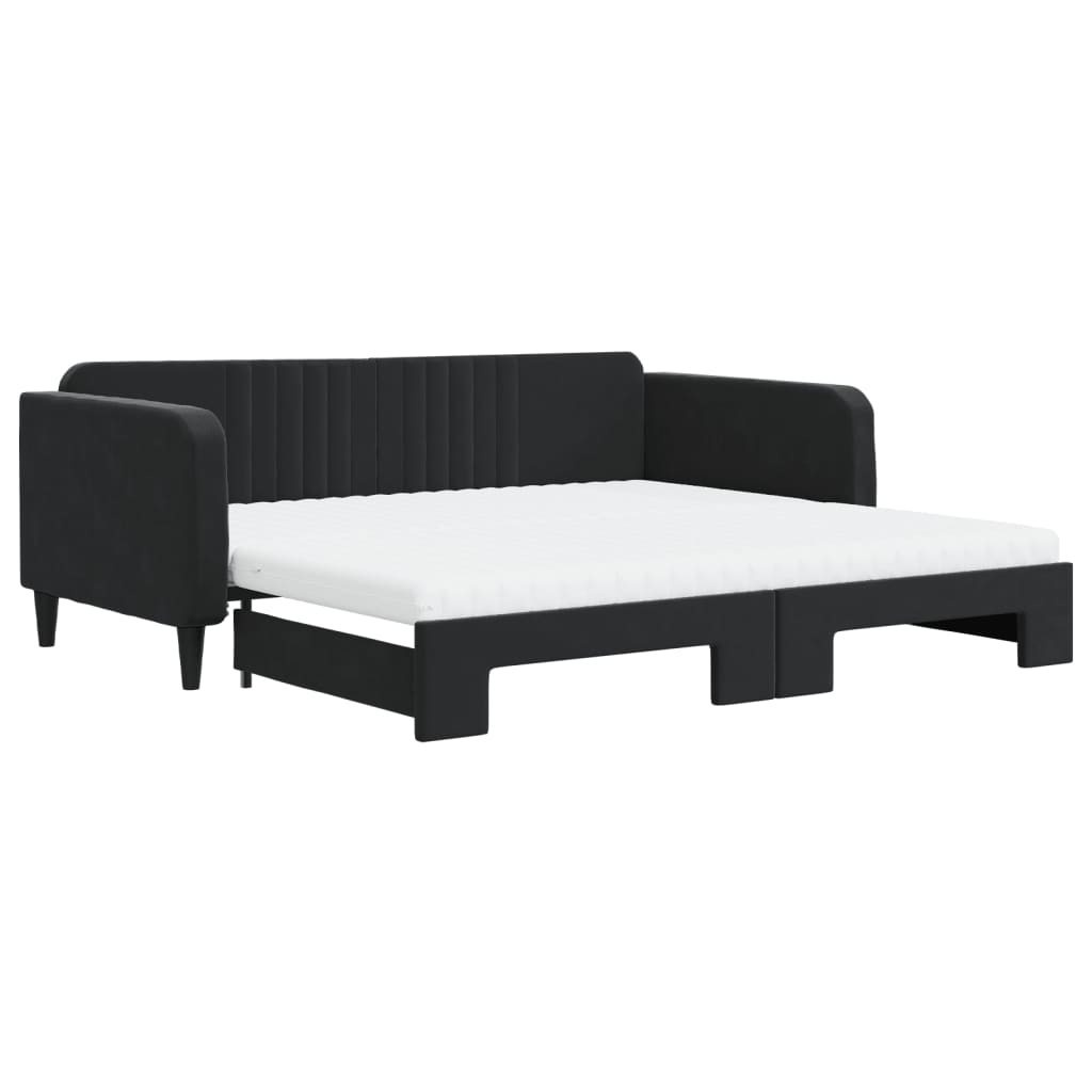 Slaapbank Onderschuifbed En Matrassen Fluweel 100 x 200 cm Zwart met onderschuifbed en matras