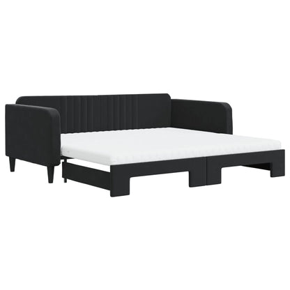 Slaapbank Onderschuifbed En Matrassen Fluweel 100 x 200 cm Zwart met onderschuifbed en matras