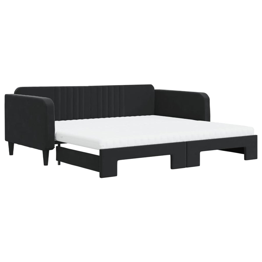 Slaapbank Onderschuifbed En Matrassen Fluweel 100 x 200 cm Zwart met onderschuifbed en matras