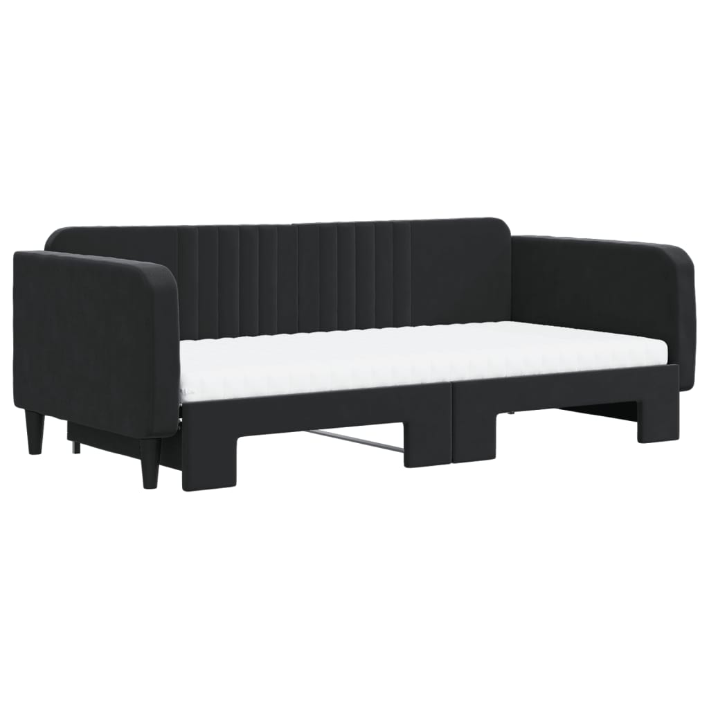 Slaapbank Onderschuifbed En Matrassen Fluweel 100 x 200 cm Zwart met onderschuifbed en matras