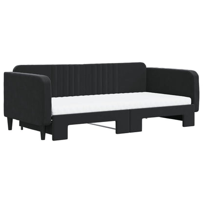 Slaapbank Onderschuifbed En Matrassen Fluweel 100 x 200 cm Zwart met onderschuifbed en matras