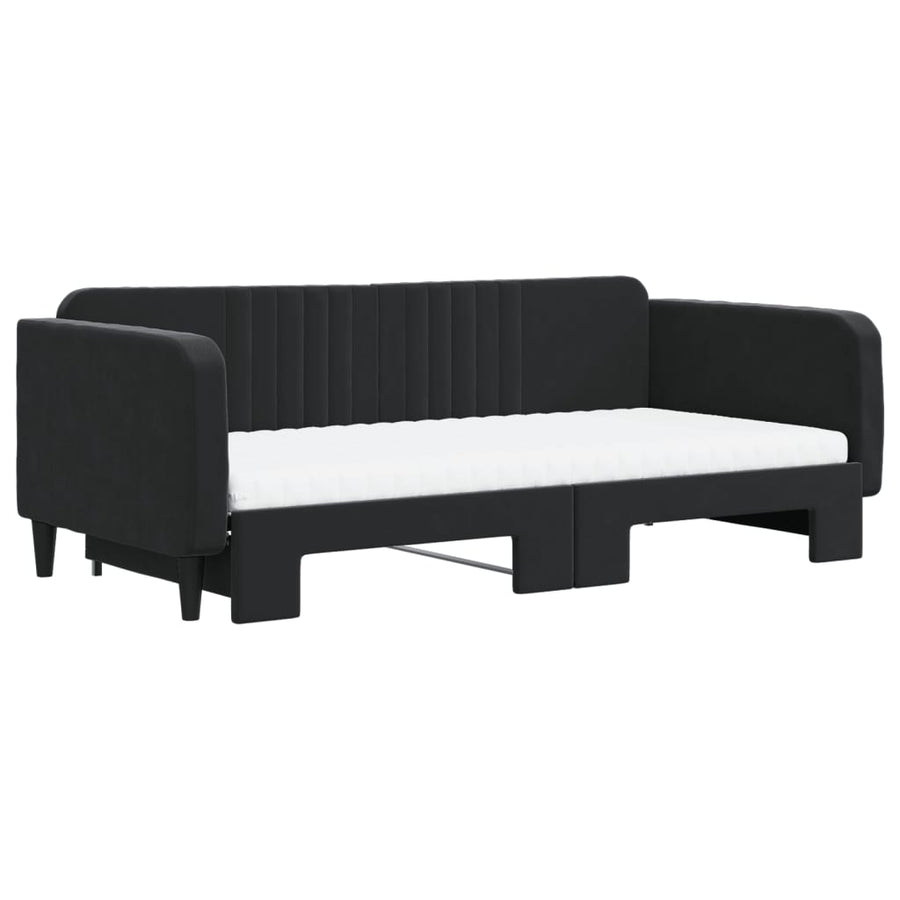 Slaapbank Onderschuifbed En Matrassen Fluweel 100 x 200 cm Zwart met onderschuifbed en matras