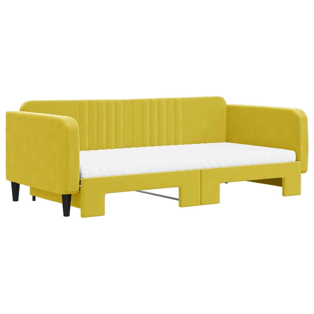 Slaapbank Onderschuifbed En Matrassen Fluweel 100 x 200 cm Geel met onderschuifbed en matras
