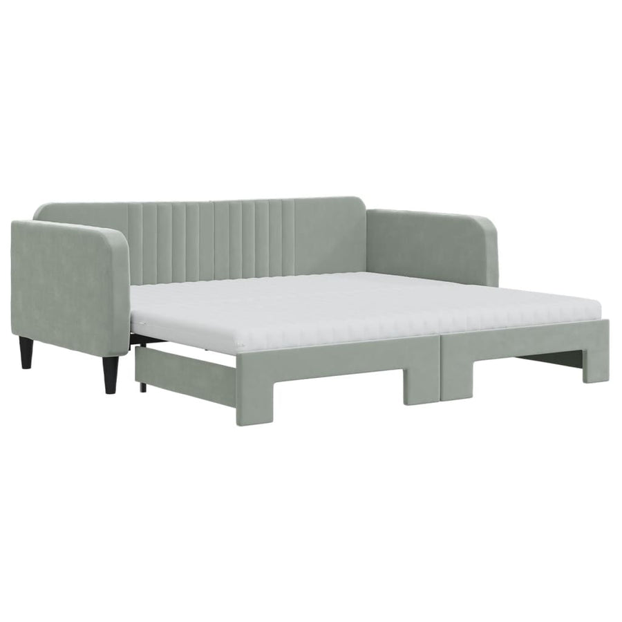 Slaapbank Onderschuifbed Matrassen 100X200Cm Fluweel Lichtgrijs 90 x 190 cm met onderschuifbed en matras