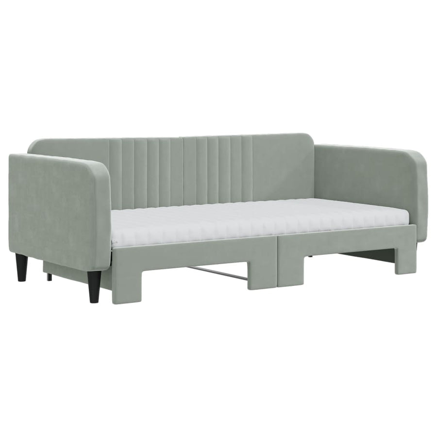 Slaapbank Onderschuifbed Matrassen 100X200Cm Fluweel Lichtgrijs 90 x 190 cm met onderschuifbed en matras