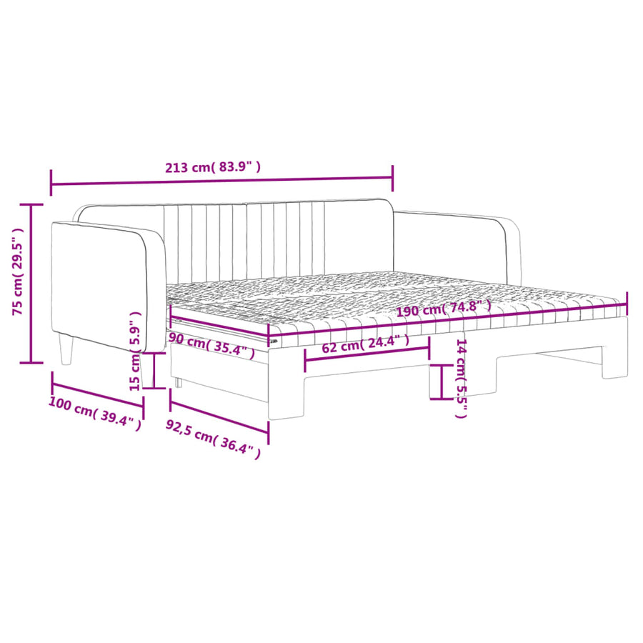 Slaapbank Onderschuifbed Matrassen 100X200Cm Fluweel Lichtgrijs 90 x 190 cm met onderschuifbed en matras
