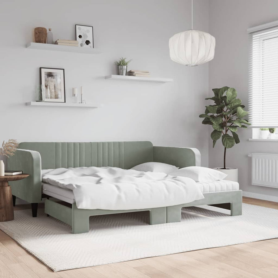 Slaapbank Onderschuifbed Matrassen 100X200Cm Fluweel Lichtgrijs 90 x 190 cm met onderschuifbed en matras