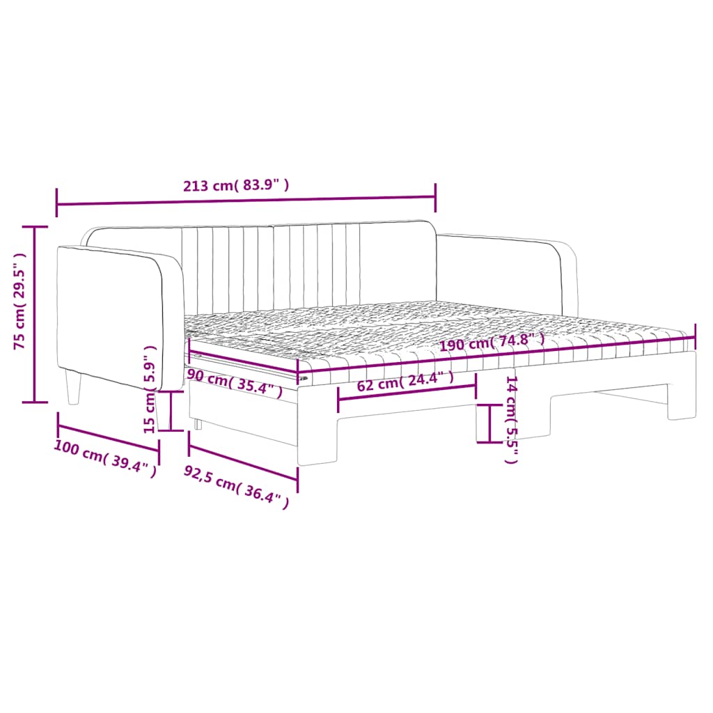 Slaapbank onderschuifbed matrassen 90x190cm fluweel donkergrijs
