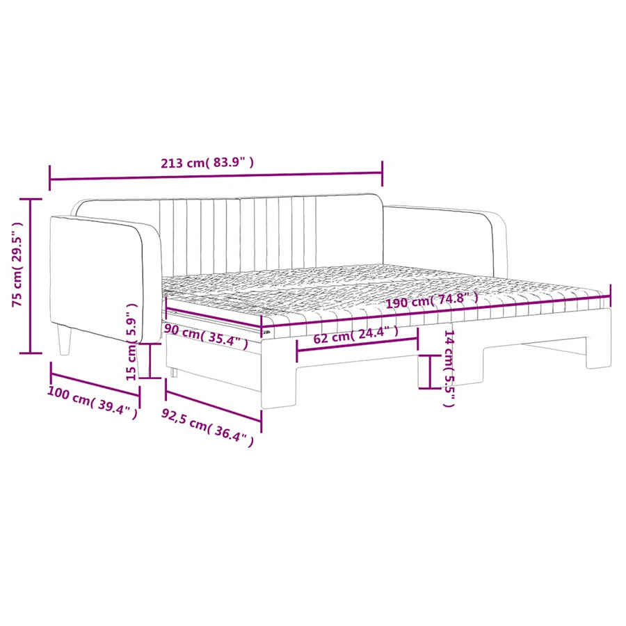 Slaapbank onderschuifbed matrassen 90x190cm fluweel donkergrijs