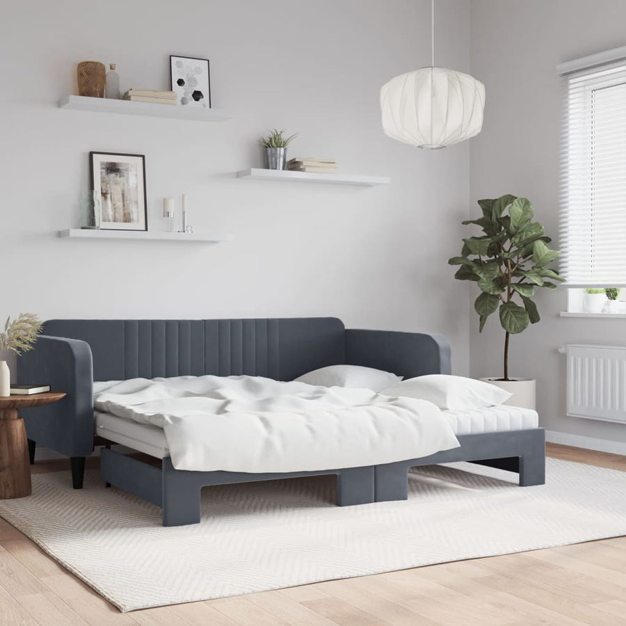 Slaapbank onderschuifbed matrassen 90x190cm fluweel donkergrijs