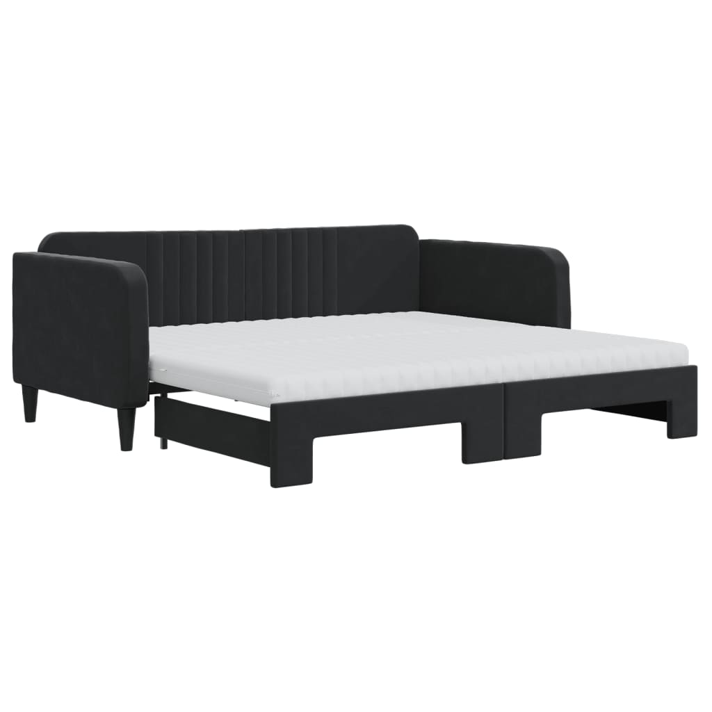 Slaapbank Onderschuifbed En Matrassen Fluweel 90 x 190 cm Zwart met onderschuifbed en matras